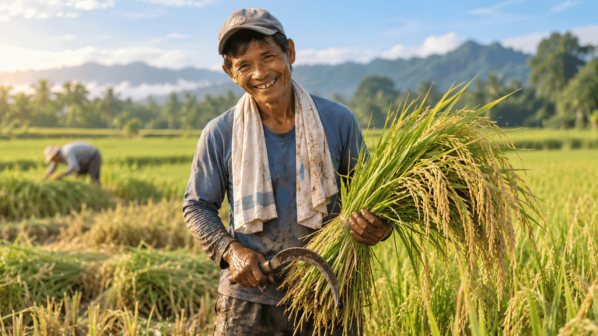 A Filipino rice farmer holding a freshly harvested bundle of rice