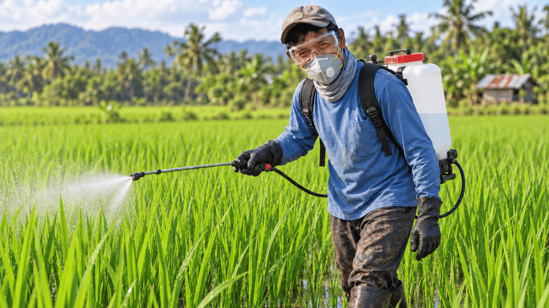 A farmer applying a crop treatment in a rice field